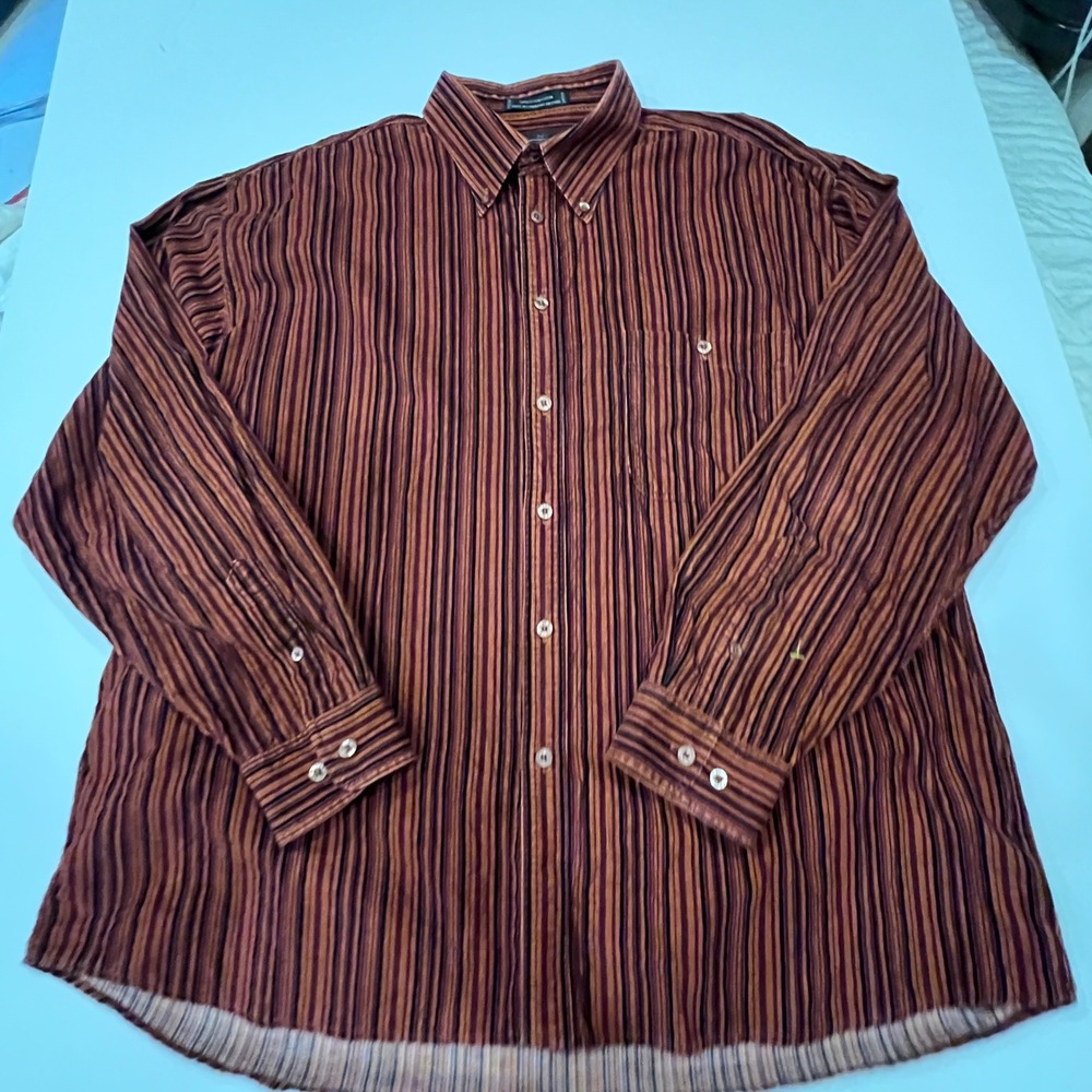 Vintage ENRO Mens XL Fine Wale Corduroy Shirt Rust Brown Striped Long Sleeve